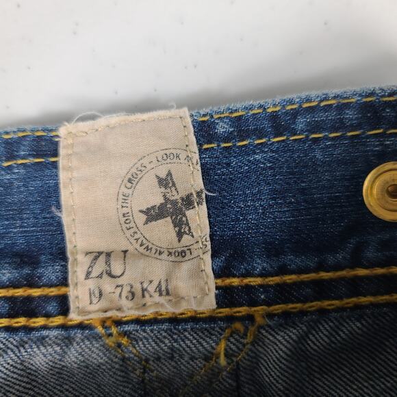 Zu + Elements Blue Green Trim Distressed Button Fly Jeans Italy Unique Size 28 - Picture 5 of 5